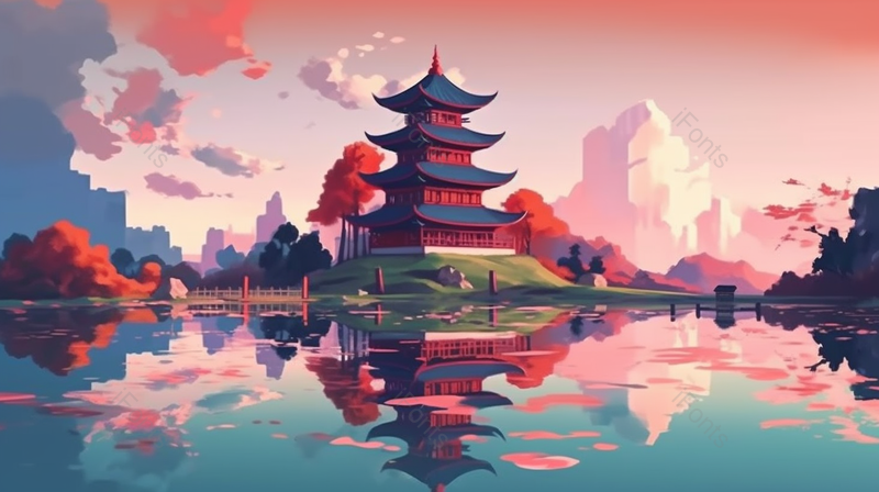 红色云黄昏蓝色天空国潮古建筑湖景湖泊宫殿白云国风插画,插画/手绘图,插画/手绘图库,插画/手绘图下载,插画/手绘